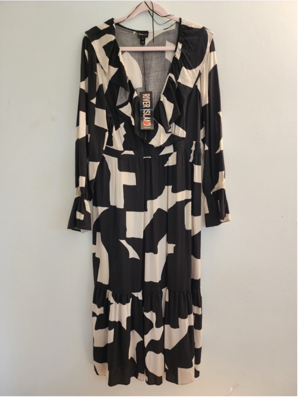 NWT River Island London Geometric Frill Maxi Dress - US 12 - Smocked Cuffs